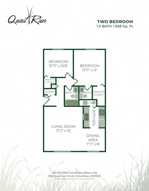 Floor plan for 2 beds, 1.5 baths, 928 sqft